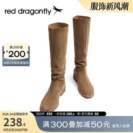 红蜻蜓靴子女堆堆靴秋季女靴复古显瘦棕色长靴高筒西部靴骑士靴图片