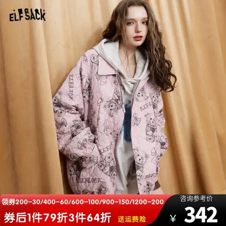 妖精的口袋印花宽松棉服女2023秋季新款设计感长袖美式棉衣外套图片