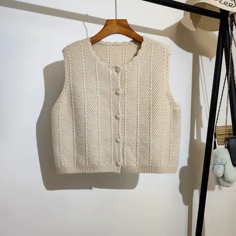 针织开衫马甲女背心外穿秋冬新款宽松圆领叠穿无袖毛衣坎肩短外套商品大图