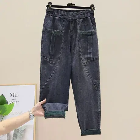 复古个性牛仔裤女宽松显瘦黑色高腰撞色哈伦裤2023年新款秋季长裤商品大图