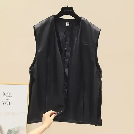 设计感纯色PU皮无袖坎肩女2023秋季新品中长款宽松柔软马甲上衣潮商品大图