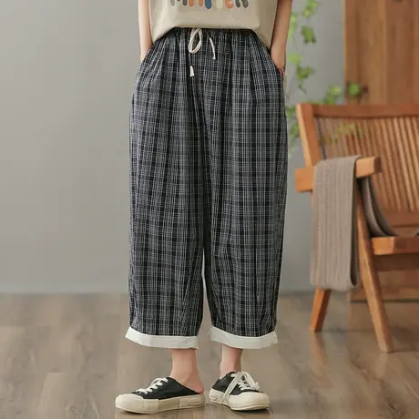 dza 高腰显瘦格子休闲裤女2023夏季薄款九分直筒裤宽松百搭阔腿裤图片