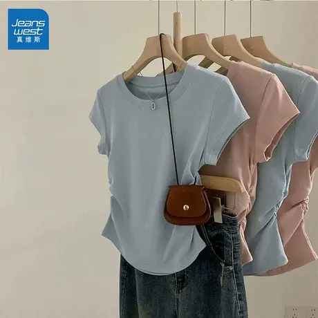 GL真维斯短袖T恤女2025新款夏季薄款小众设计感抽皱显瘦短款上衣商品大图
