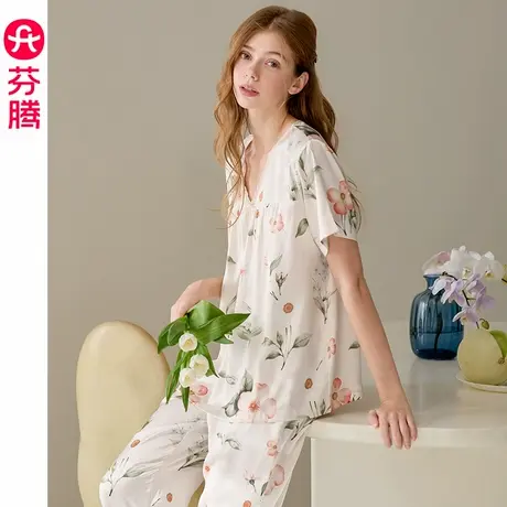 芬腾睡衣女冰丝凉感夏季薄款短袖长裤套装甜美大码仿真丝绸家居服商品大图
