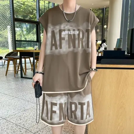美式运动背心男套装夏季冰丝无袖t恤男穿搭一套青少年休闲篮球服T商品大图
