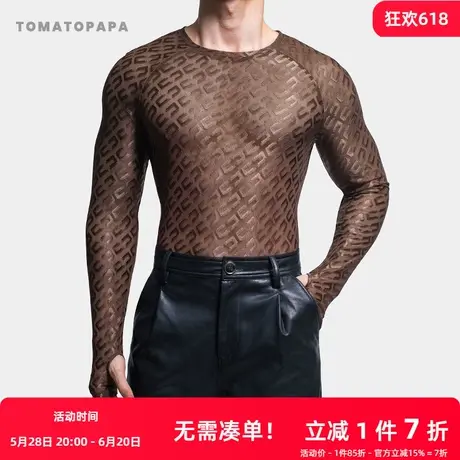 TOMATOPAPA秋冬长袖T恤插肩袖网纱紧身性感打底运动健身青年体恤商品大图
