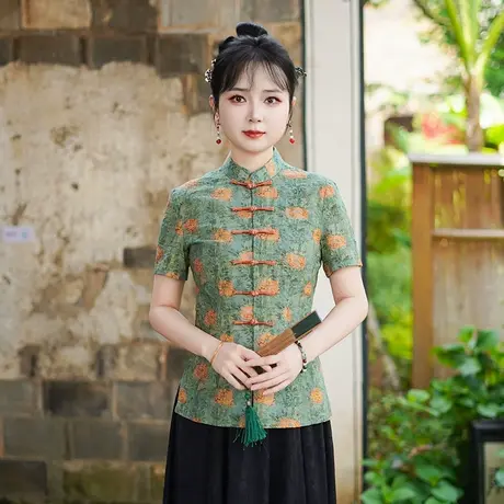 筠雅夏季新款复古改良中式唐装中国风年轻款斜襟短袖上衣女25J212商品大图