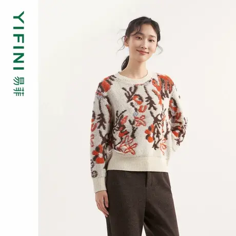 [专柜同款]Yifini/易菲时尚印花宽松短款圆领针织毛衫女通勤毛衣商品大图