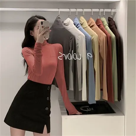 2023春秋冬季新款内搭白色加绒打底衫高领洋气黑色德绒长袖t恤女图片