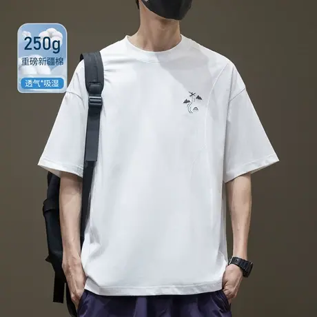 250g新疆棉设计感拼接刺绣短袖T恤男2025夏季新款宽松大码五分袖商品大图
