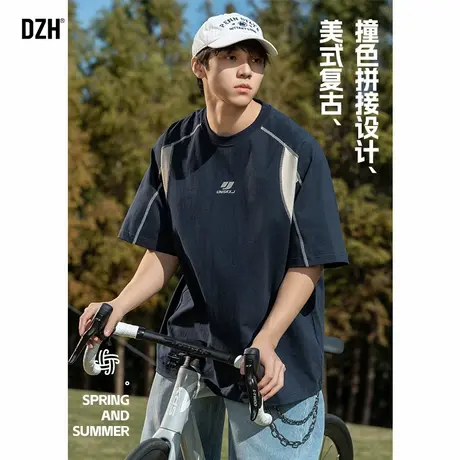 青少年复古拼接短袖t恤男夏季纯棉潮牌男装2025新款美式运动上衣商品大图