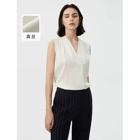 朗姿真丝女士无袖衬衫高级感夏新款时尚气质V领白色衬衣小众上衣图片