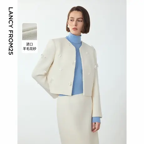【宋三土联名】朗姿2024冬新款羊毛法式小香风粗花呢短外套高级感图片