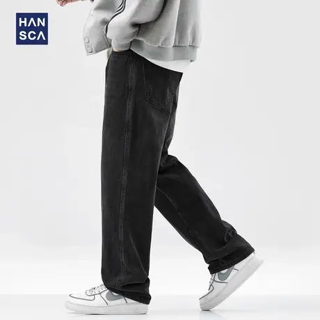 hansca黑色宽松直筒牛仔裤男2024年秋季新款复古水洗百搭阔腿长裤商品大图