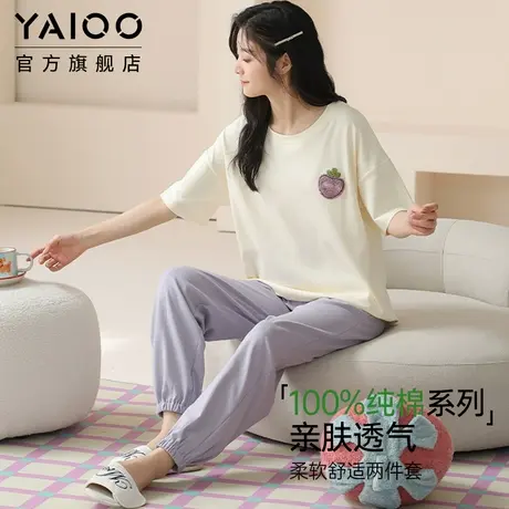 雅鹿睡衣女纯棉短袖长裤薄款2025年新夏季大码家居服可外穿两件套商品大图
