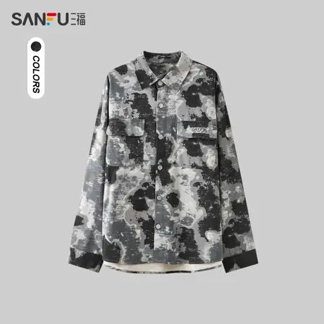 三福2023秋男士晕染感长衬衫 时尚休闲宽松翻领纯棉上衣477068图片