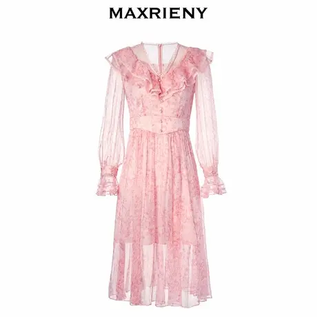 【奥莱】MAXRIENY真丝碎花长裙秋季V领连衣裙A字裙图片