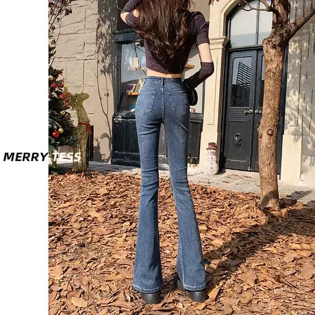 美式复古微喇叭牛仔裤女2023年秋季新款高腰修身弹力百搭马蹄裤子图片