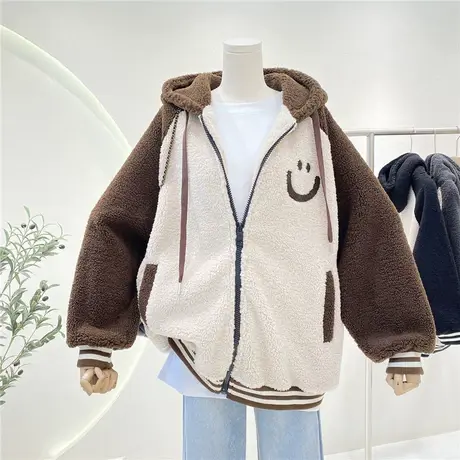 羊羔绒笑脸图案插肩袖拼色连帽外套女韩版复古减龄拉链开衫棉服潮商品大图