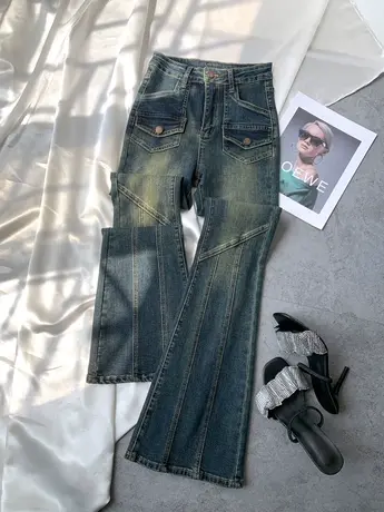 韩版口袋复古折线牛仔喇叭裤女2023秋季新款显瘦百搭高腰微喇长裤商品大图