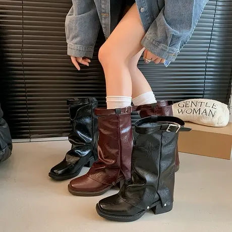 时尚百搭短筒靴女2025年新款秋季粗跟小个子马丁靴气质高级骑士靴商品大图
