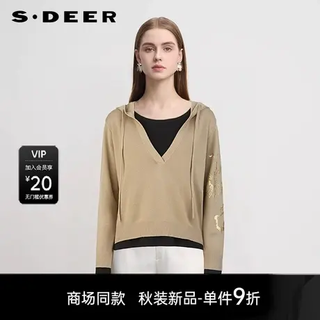 【商场同款】sdeer圣迪奥女抽绳连帽撞色印花拼接针织衫S25383517图片