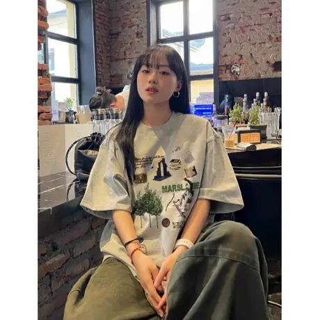 重磅纯棉高街美式复古短袖t恤女2025新款设计感小众宽松半袖上衣商品大图