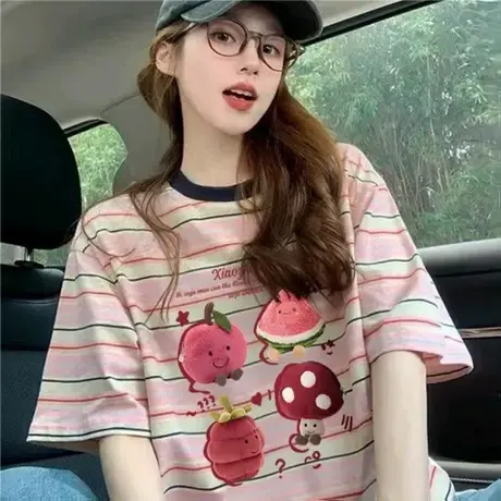 小众彩色条纹短袖t恤女夏季2025新款宽松大码女装胖mm涂鸦上衣服商品大图