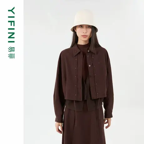 [专柜同款]Yifini/易菲木棉羊毛宽松截短款外套女2025秋季新款商品大图
