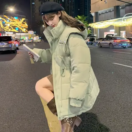 唐狮2025冬季新款女棉衣肌理感抽绳连帽中长款韩系保暖网红外套图片