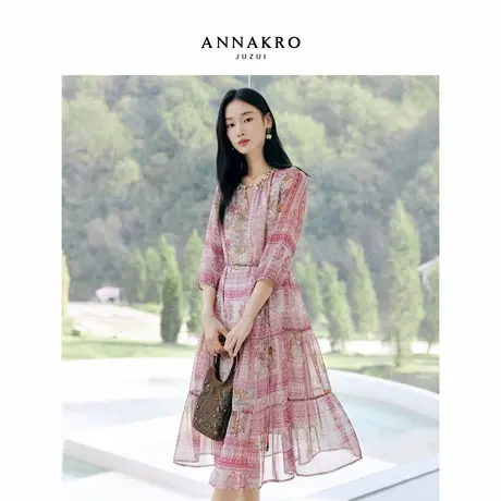 玖姿安娜蔻波西米亚几何印花织带领雪纺收腰连衣裙女2026春季新款图片