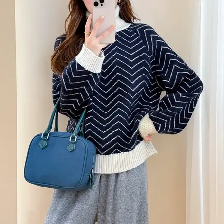 唐狮秋冬气质细条纹设计高领套头美式学院风百搭减龄高级感TM图片