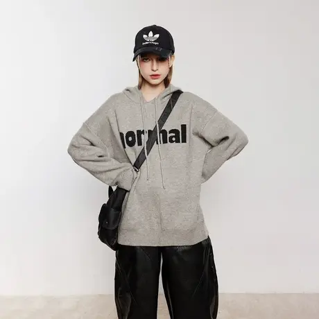 潮牌字母印花毛衣女秋冬2023新款套头美式复古宽松连帽针织衫外套商品大图