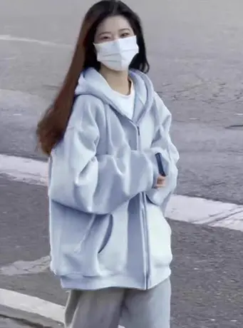 拉链开衫卫衣女秋冬加绒加厚oversize慵懒风宽松小个子连帽外套潮商品大图