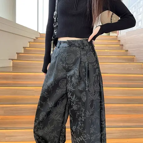 设计感重工印花高腰丝绒休闲裤女2023秋冬款宽松显瘦黑色直筒长裤商品大图