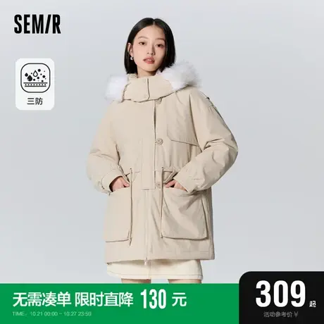 森马棉服女中长款宽松收腰工装风2023新款冬季三防毛领连帽厚棉衣图片
