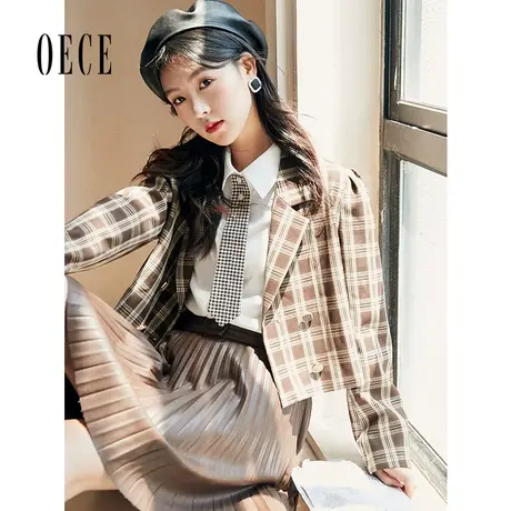 【买1送1】Oece格纹小西装秋装新款女学院复古西服女士短外套商品大图