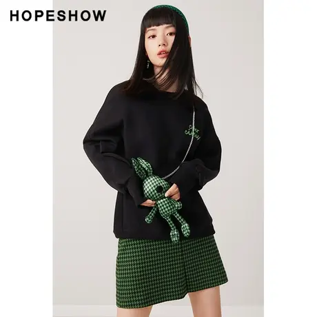 红袖outlets撞色字母绣套头卫衣hopeshow2023秋宽松黑色通勤上衣图片