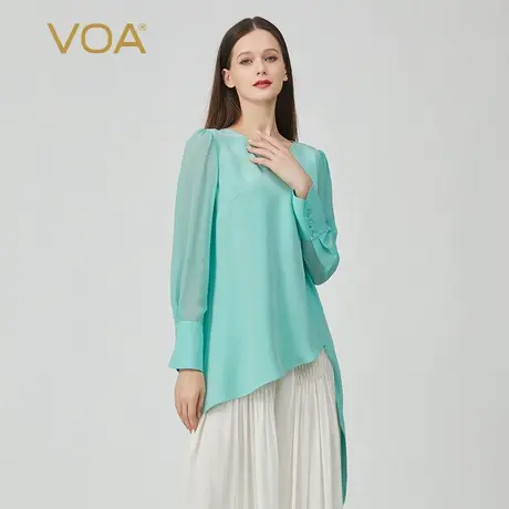 VOA真丝30姆米重磅绿色圆领拼接长袖纽扣做旧工艺尖角摆桑蚕丝T恤图片