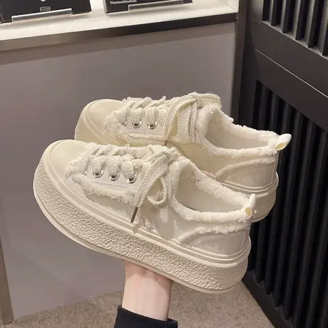 白色帆布鞋女小香风小白鞋百搭2023新款松糕厚底鞋子休闲增高板鞋商品大图