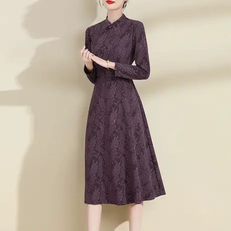 水墨青华2024春季新品简约中长款A字裙显瘦长袖针织提花连衣裙商品大图