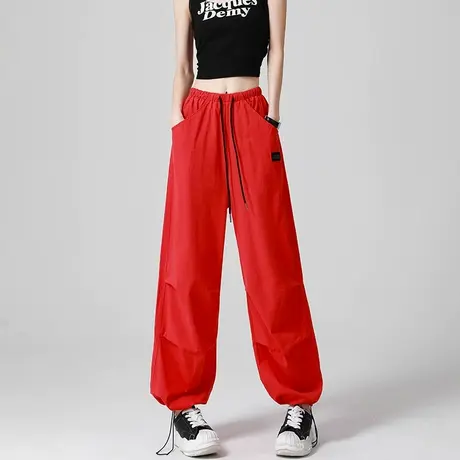 红色美式高街抽绳工装裤女夏季薄款高腰宽松棉质休闲阔腿束脚裤子商品大图