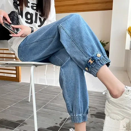 牛仔裤女春秋松紧腰哈伦高腰宽松小个子九分老爹灯笼束脚工装裤潮商品大图