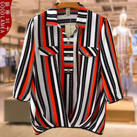 2022年新款妈妈夏季短袖T恤40岁中年胖妈妈大码女装条纹雪纺衬衫商品大图