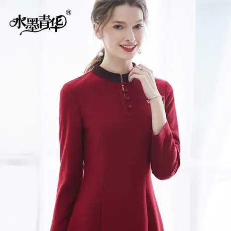 【1件7.9折】秋季新款简约时尚修身显瘦百搭长袖毛呢连衣裙女图片