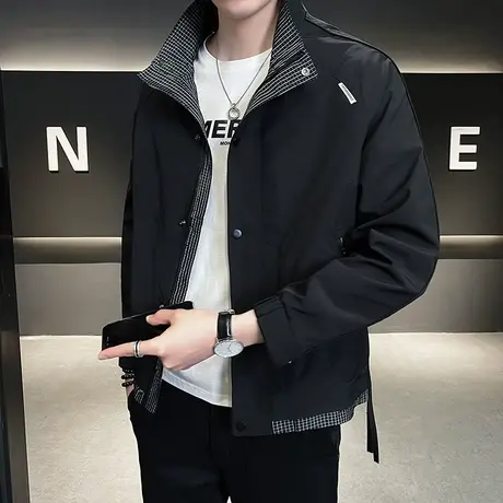 2023春秋季新款立领夹克潮男潮流休闲简约拼接格子假两件工装外套图片