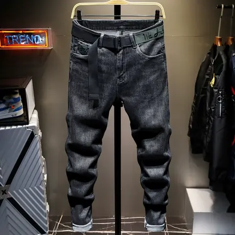 黑色夏季牛仔裤男修身小脚男士休闲长裤子男直筒潮牌宽松韩版潮流商品大图