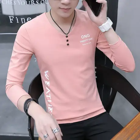 2件]男士t恤V领长袖薄款秋衣韩版潮流男装秋装卫衣春秋季上衣服商品大图