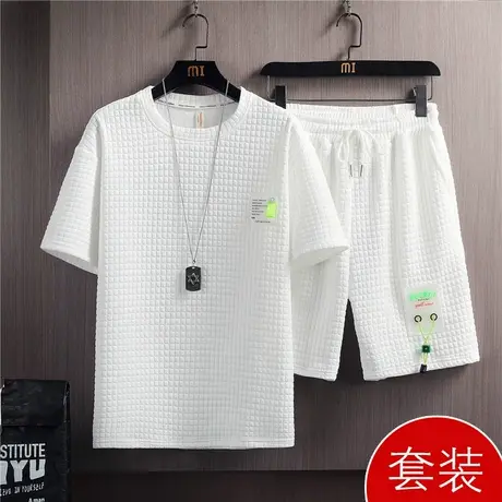 华夫格短袖t恤男士夏季男装一套装搭配帅气潮牌潮流冰感宽松衣服图片