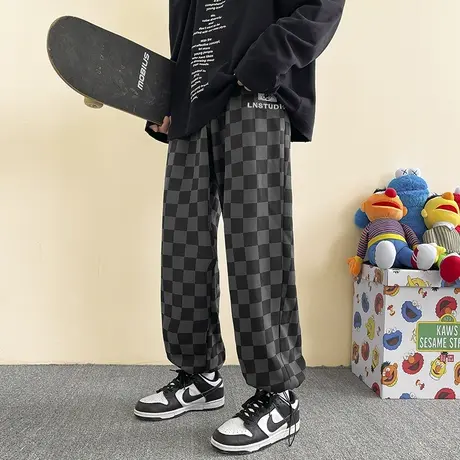 裤子男春秋季棋盘格抽绳卫裤ins潮韩版宽松百搭工装束脚休闲长裤商品大图